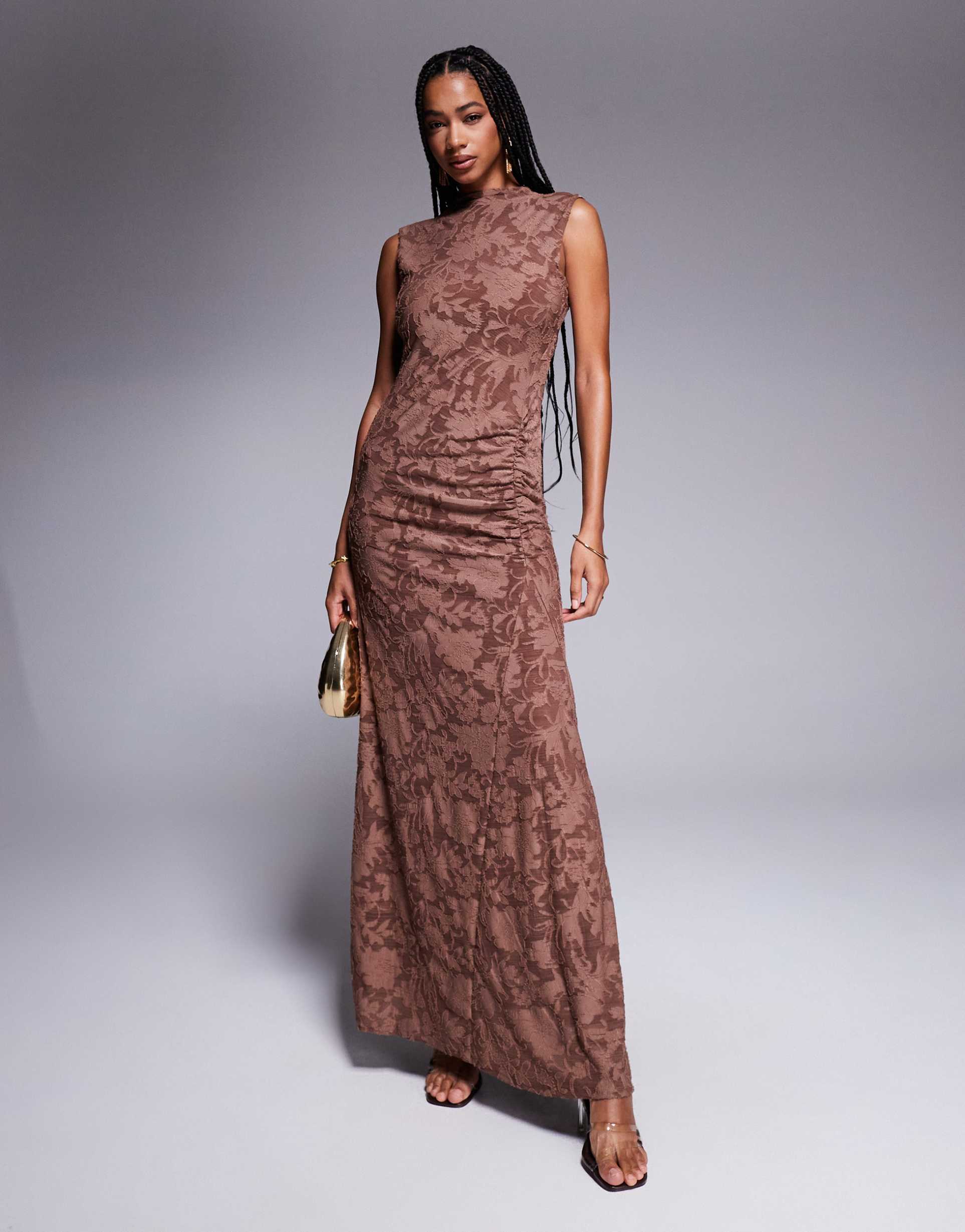 asos design sleeveless burnout maxi dress with open back in brown
