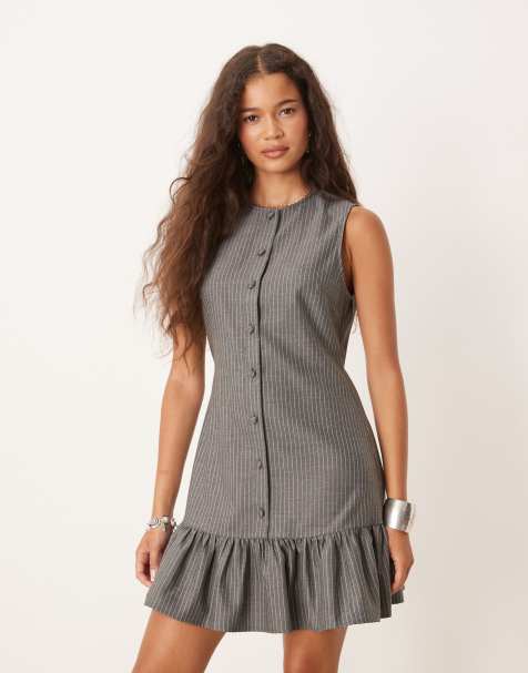 ASOS DESIGN sleeveless button down mini dress in gray pinstripe - view 1