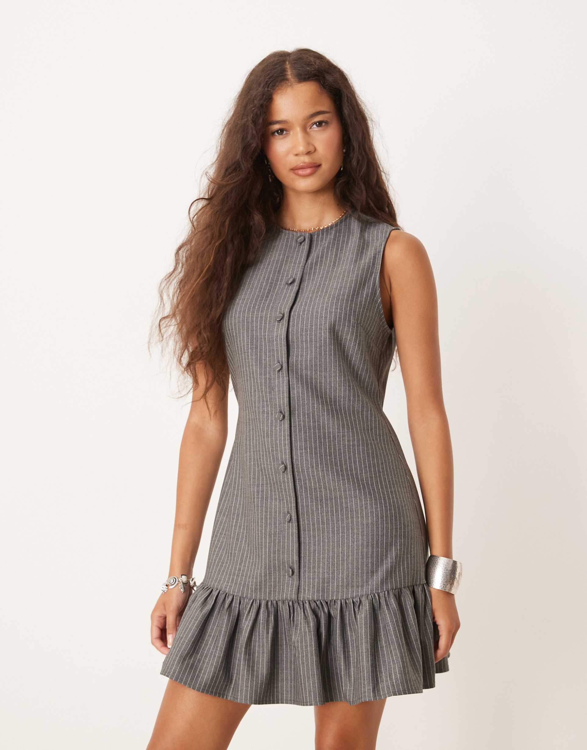 asos design sleeveless button down mini dress in gray pinstripe