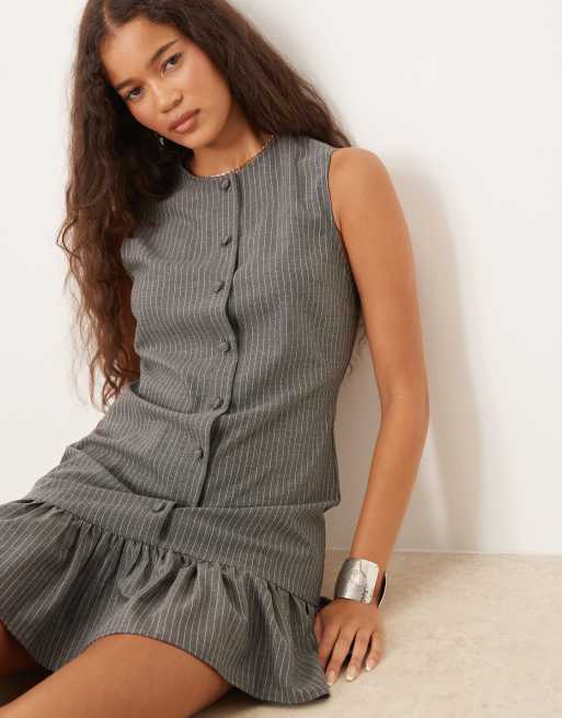 ASOS DESIGN sleeveless button down mini dress in grey pinstripe, 4 of 4