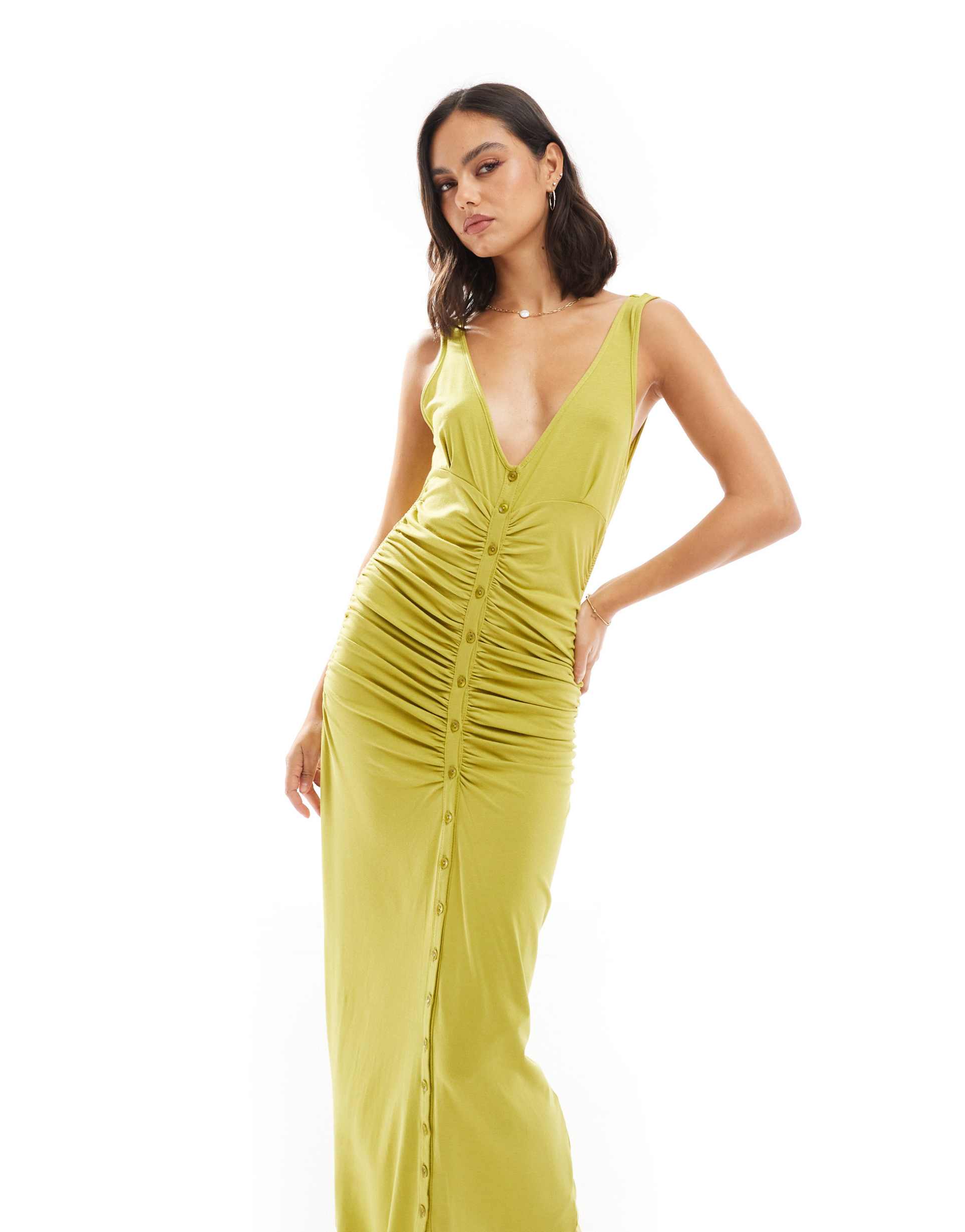 asos design sleeveless button front ruched midi tea dress with ruching in green