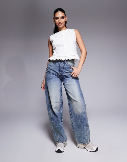 ASOS DESIGN sleeveless button through mini rib top with mini frill detail in ecru