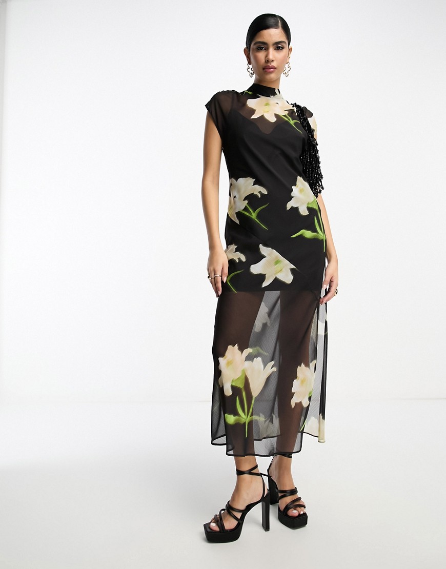 ASOS DESIGN sleeveless chiffon midaxi dress with open back in spaced floral-Multi
