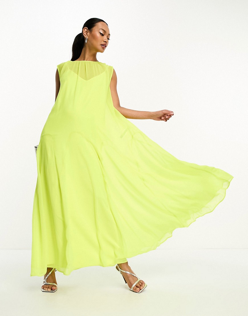 ASOS DESIGN sleeveless chiffon oversized smock dress with high godet detail in lime-Yellow