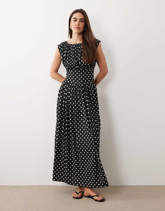 asos black and white maxi dress DESIGN sleeveless cinched waist in polka dots ellie and mac Wedding Inspirasi @ Tumblr Size:44 x 34 neck and sleeveless design