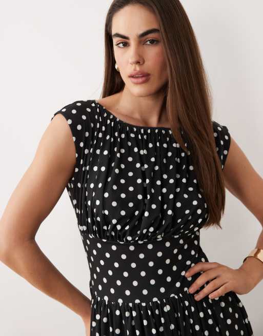 ASOS DESIGN sleeveless cinched waist maxi dress in mono polka dot, 2 of 4
