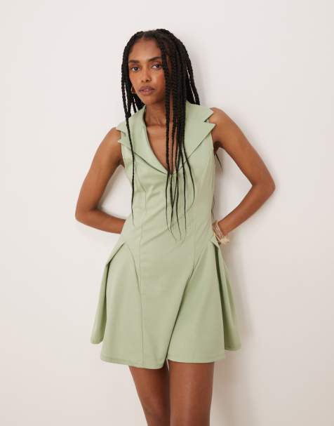 ASOS DESIGN sleeveless collared godet mini dress in sage - view 1