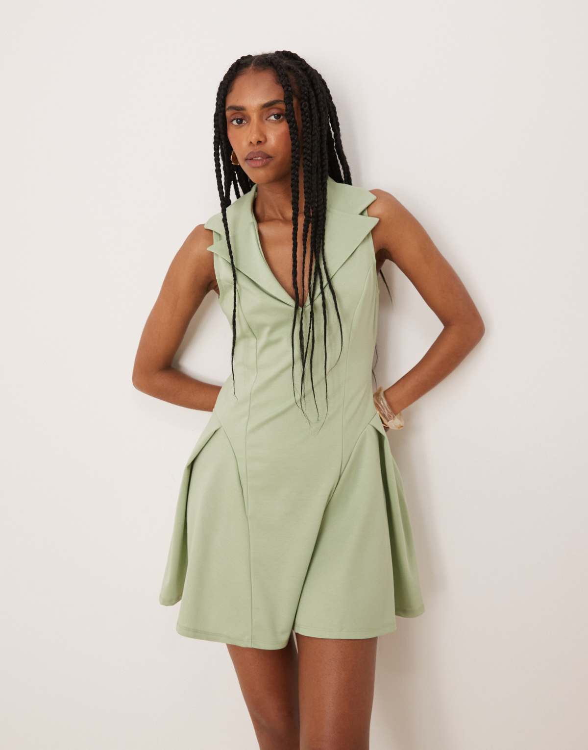 ASOS DESIGN sleeveless collared godet mini dress in sage