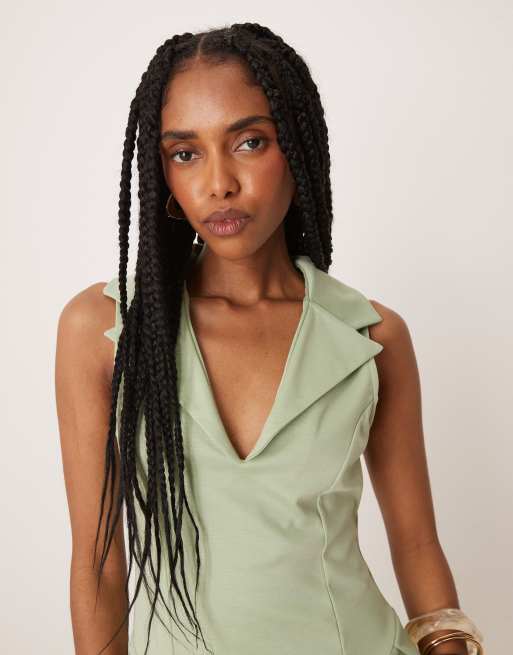 ASOS DESIGN sleeveless collared godet mini dress in sage, 3 of 4