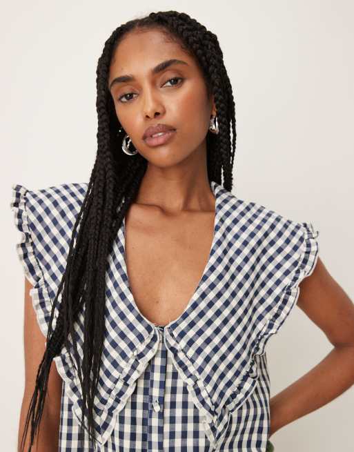 asos blue gingham dress DESIGN sleeveless collared maxi in navy Talla:18M Cayla Strapless Floral Corset cat:Back In Stock Its shirred
