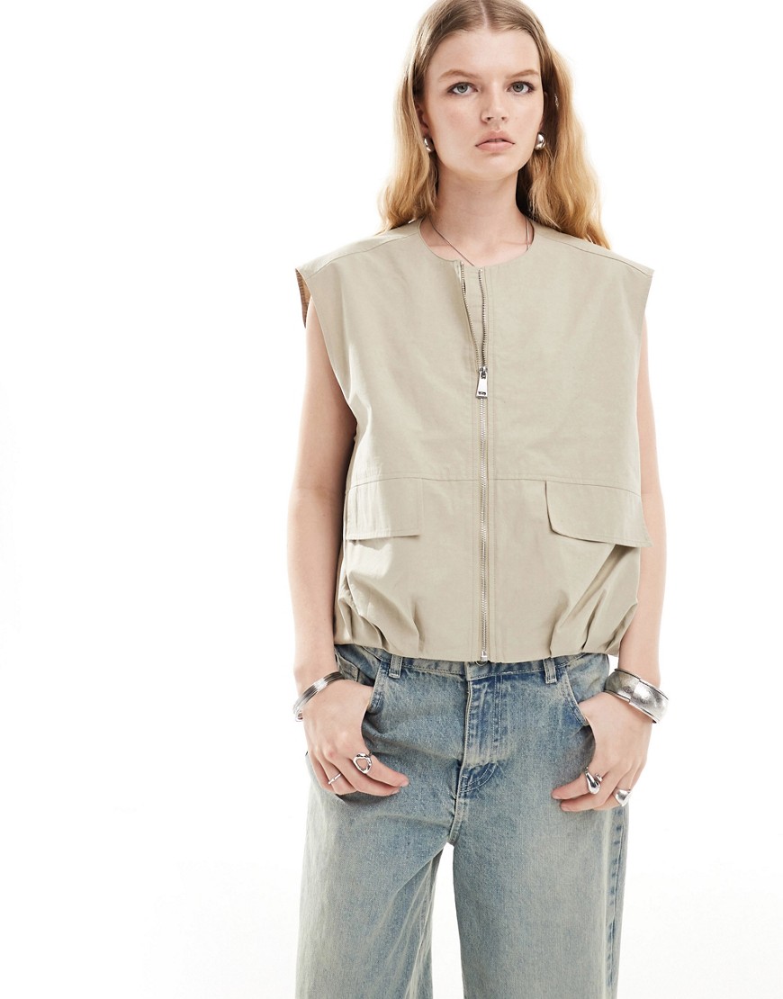 Asos Design Sleeveless Collarless Utility Vest In Stone-neutral