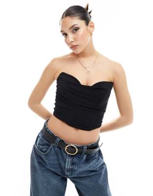 ASOS DESIGN cut out one shoulder mesh corset top in black