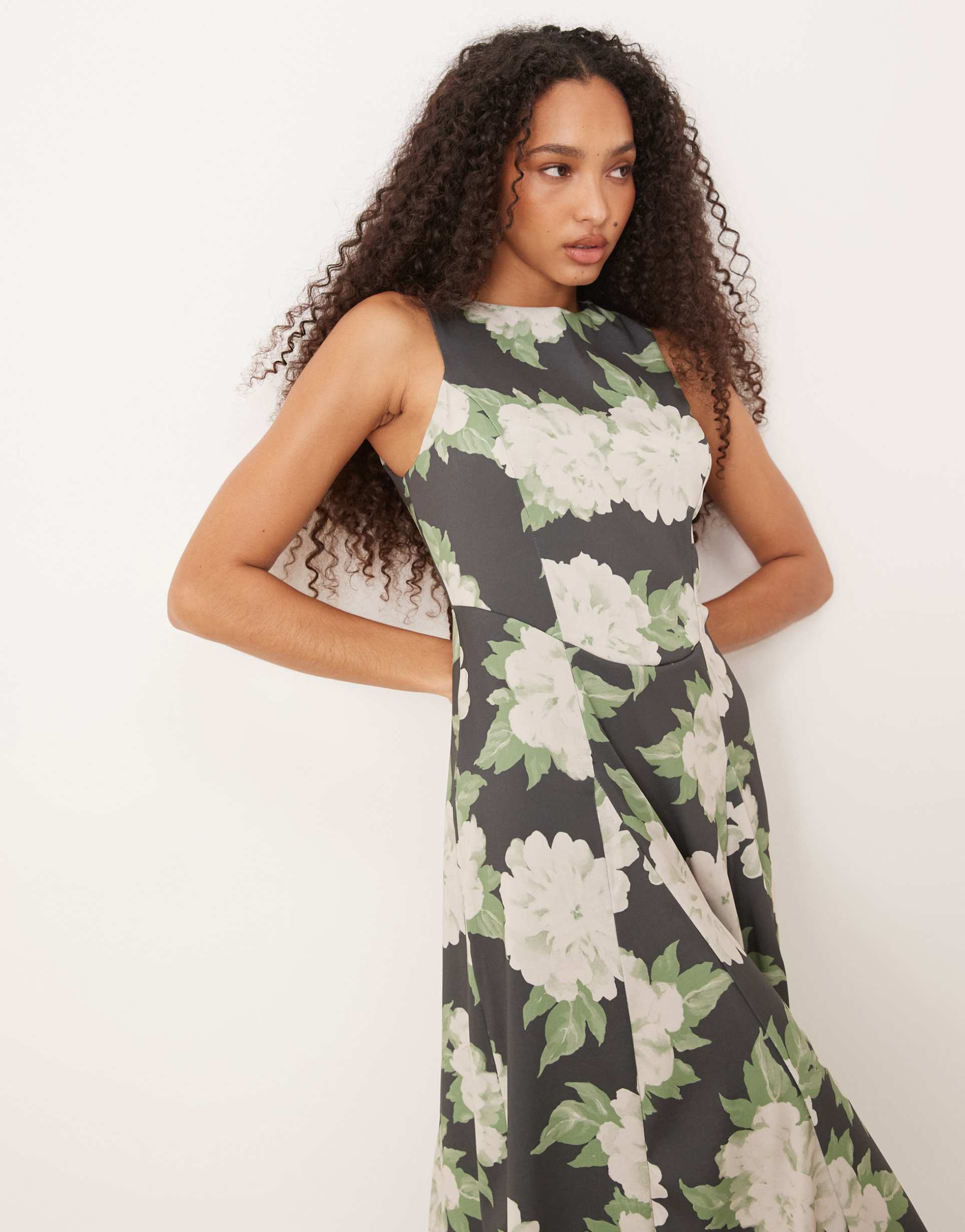 asos design sleeveless corset waist midi dress in green floral print