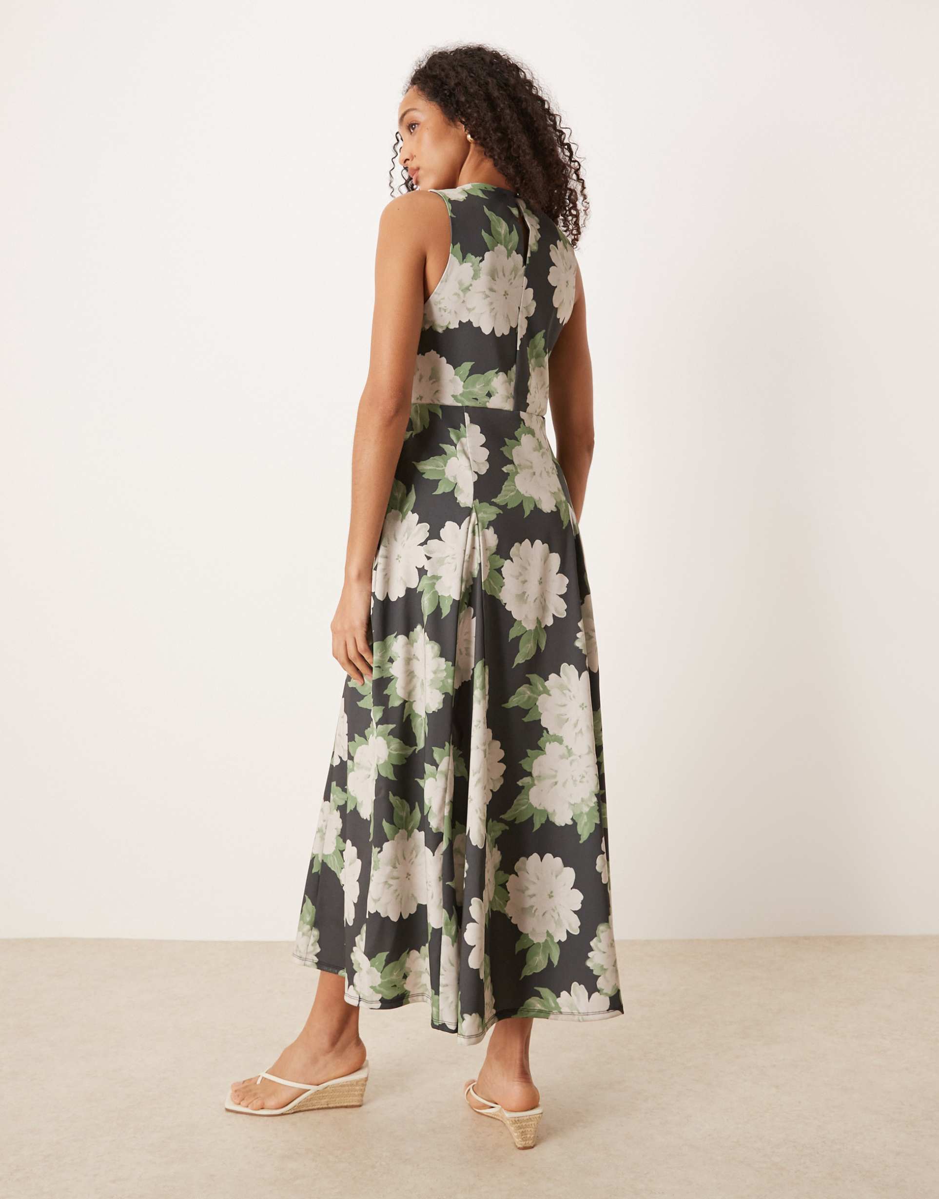 asos design sleeveless corset waist midi dress in green floral print