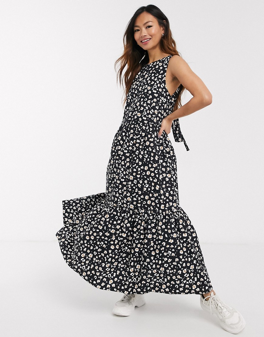 ASOS DESIGN sleeveless cotton tiered midi dress with open back in mono leopard print-Multi
