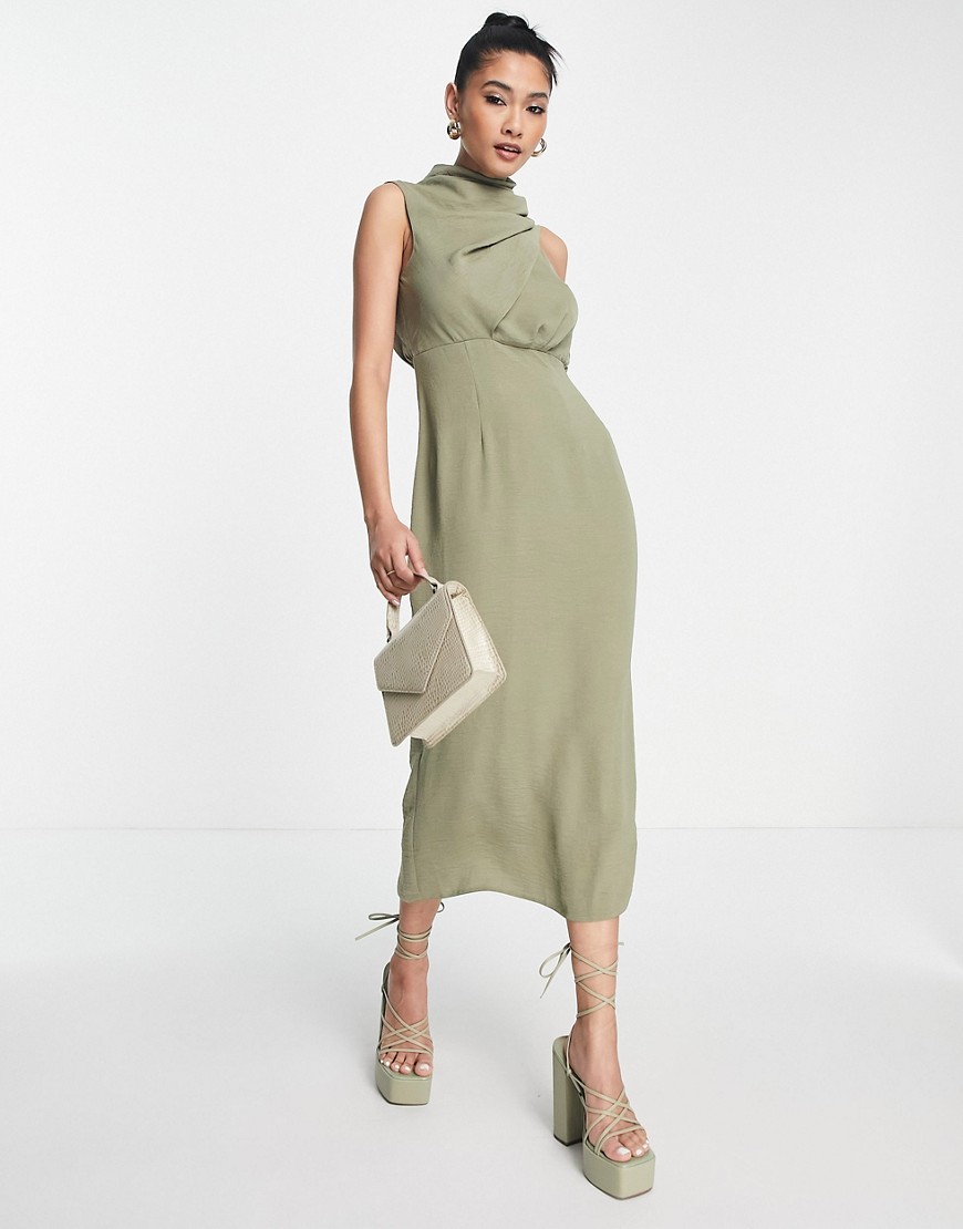 ASOS DESIGN sleeveless cowl front midi pencil dress in pale khaki-Green