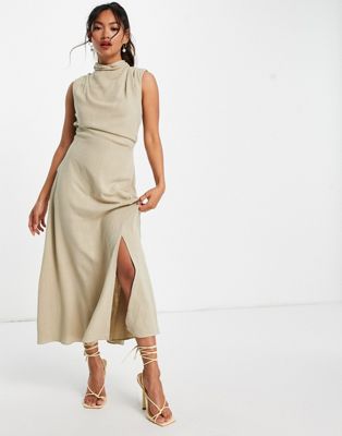 ASOS DESIGN sleeveless cowl neck midi dress with open back in linen in neutral