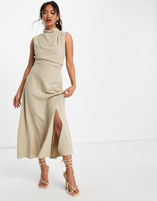 ASOS DESIGN sleeveless cowl neck midi dress with open back in linen