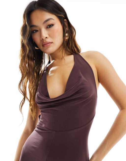 ASOS DESIGN sleeveless cowl neck slinky wide leg jumpsuit in brown, 4 of 4