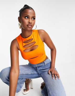 ASOS DESIGN sleeveless crop top with front slashes in orange