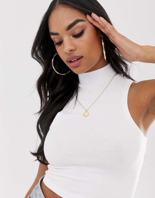 Asos Design Sleeveless Crop Top With High Neck In White Asos