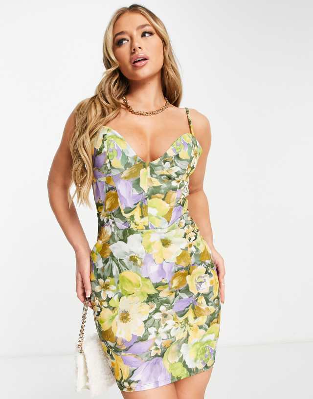 ASOS DESIGN sleeveless cupped mini dress in green floral print