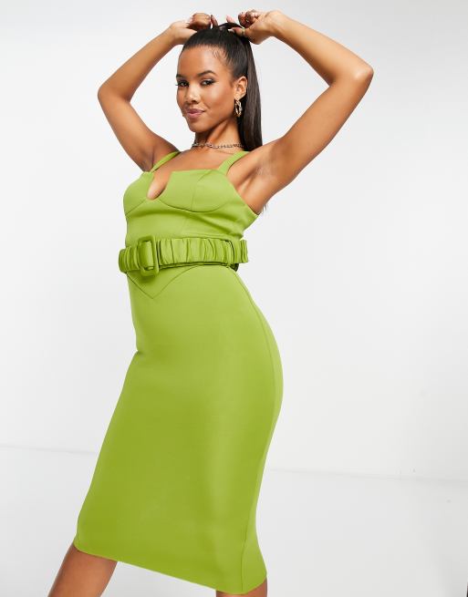 ASOS DESIGN sleeveless cupped ruched belted midi dress in green