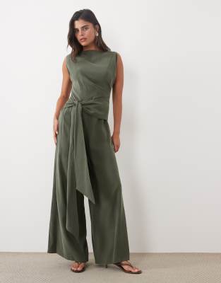 Asos Design Sleeveless Cupro Jumpsuit With Wrap Waist Front Detail In Green