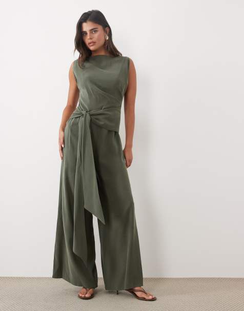 ASOS DESIGN sleeveless cupro jumpsuit with wrap waist front detail in khaki - view 1