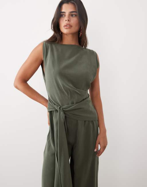 ASOS DESIGN sleeveless cupro jumpsuit with wrap waist front detail in khaki, 2 of 4