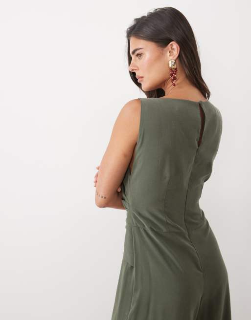 ASOS DESIGN sleeveless cupro jumpsuit with wrap waist front detail in khaki, 3 of 4