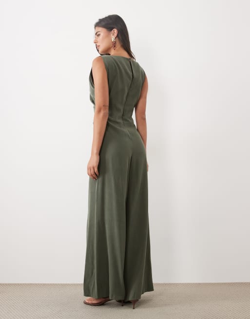 ASOS DESIGN sleeveless cupro jumpsuit with wrap waist front detail in khaki, 4 of 4