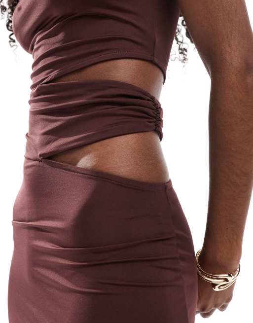 ASOS DESIGN sleeveless cut out waist maxi dress in brown
