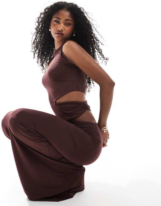 ASOS DESIGN sleeveless cut out waist maxi dress in brown