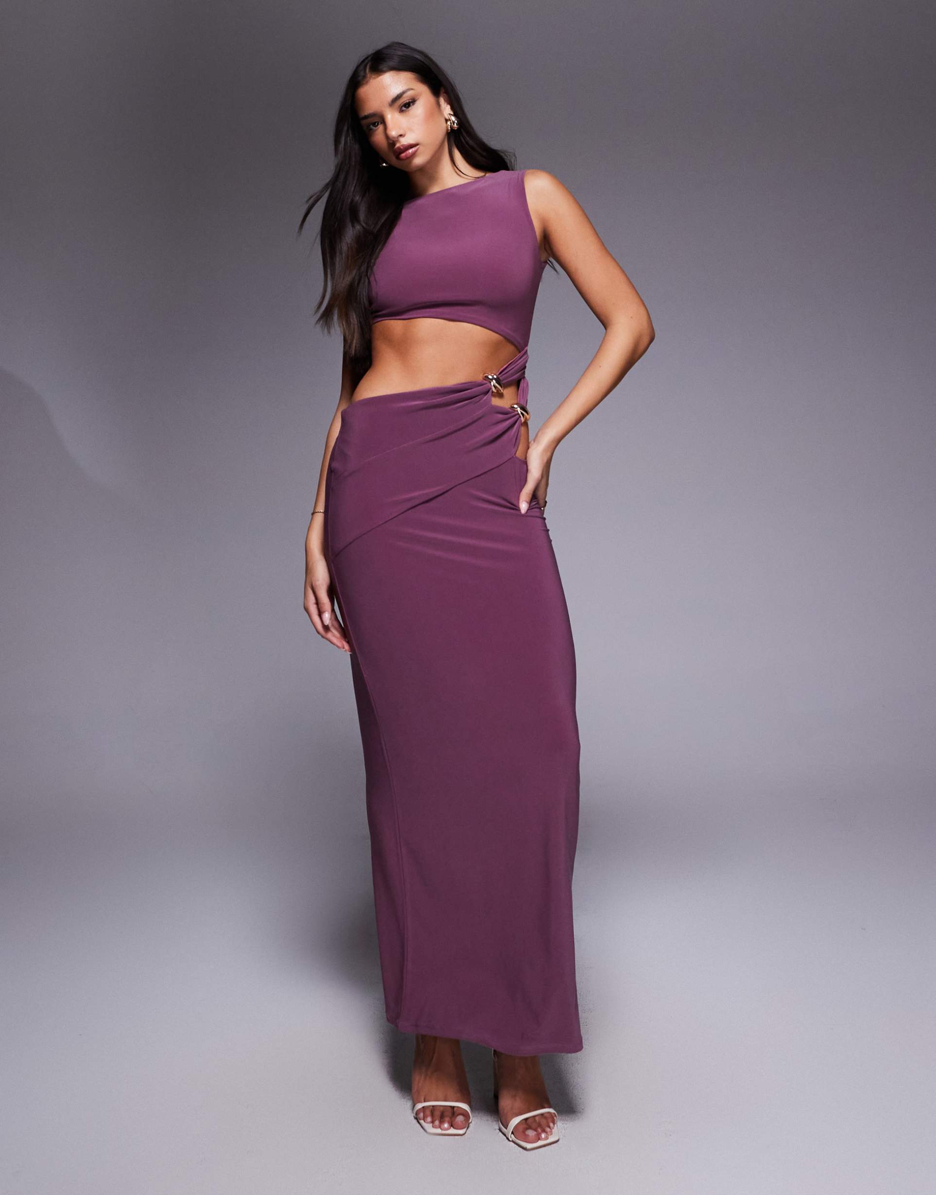 asos design sleeveless cut-out with hardware side detail maxi dress in burgundy