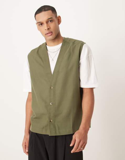 ASOS DESIGN sleeveless deep V neck regular shirt in khaki