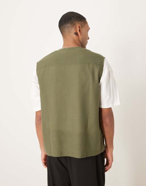 ASOS DESIGN sleeveless deep V neck regular shirt in khaki
