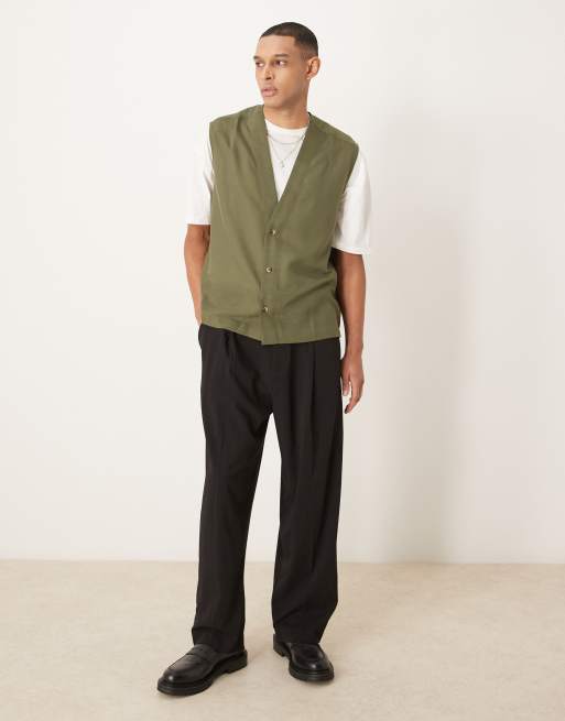 ASOS DESIGN sleeveless deep V neck regular shirt in khaki