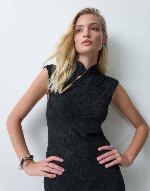 ASOS DESIGN sleeveless devore maxi dress with mandarian detail in black, 2 of 5