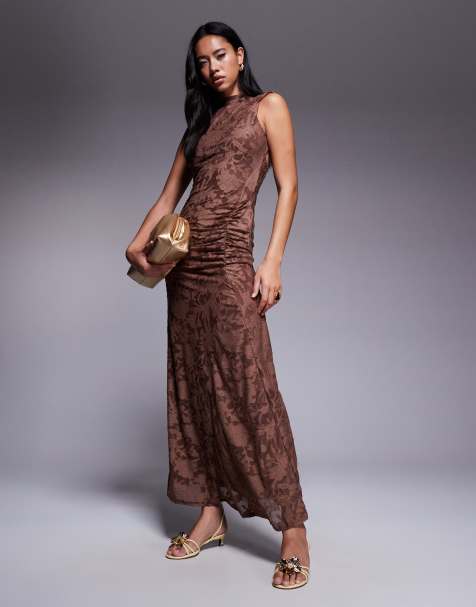 ASOS DESIGN sleeveless devore maxi dress with open back in brown - view 1