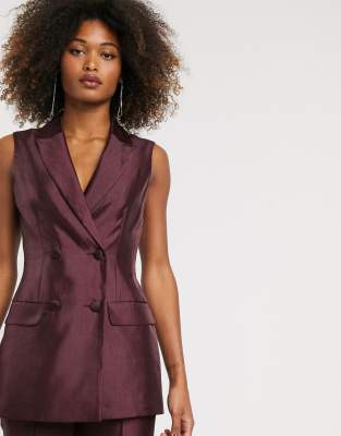 Asos Design Sleeveless Double Breasted Suit Blazer In Textured Satin In Red