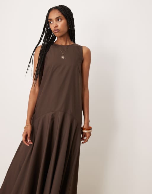 ASOS DESIGN sleeveless drop waist maxi dress in chocolate, 2 of 4