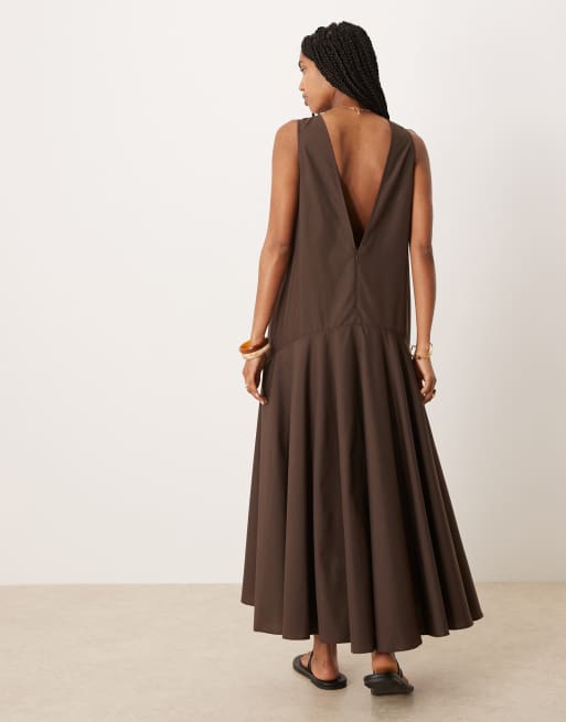ASOS DESIGN sleeveless drop waist maxi dress in chocolate, 3 of 4