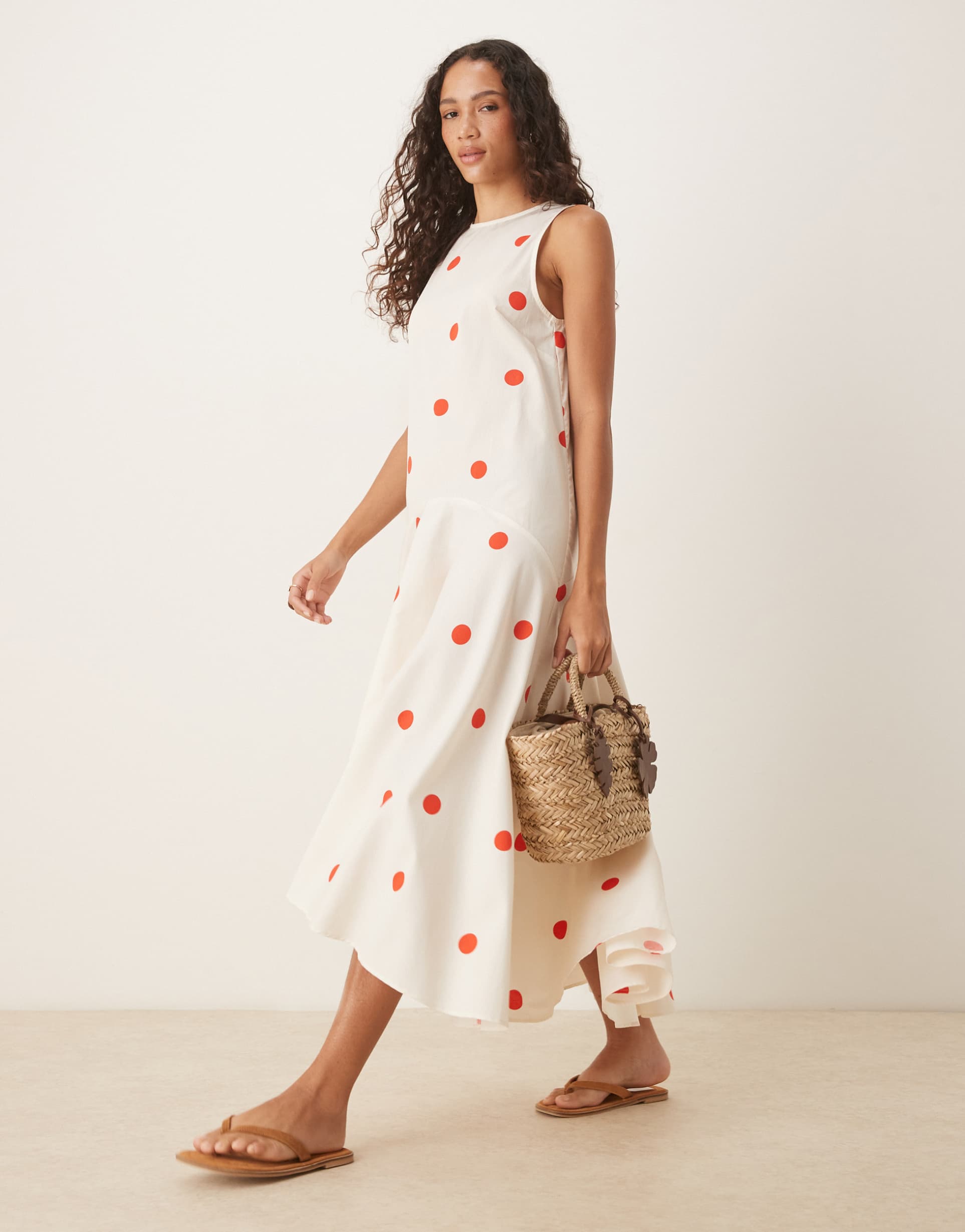 asos design sleeveless drop waist maxi dress in dot