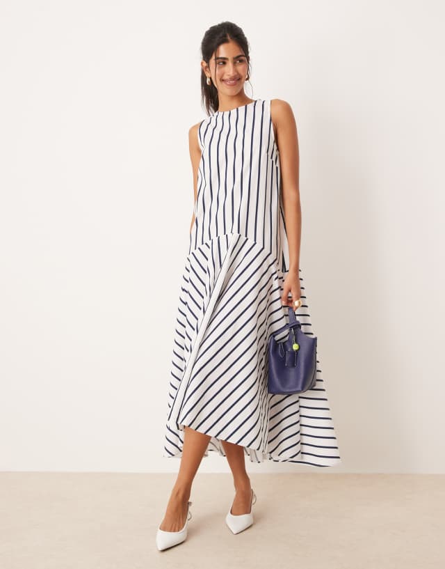 asos blue and white dress DESIGN sleeveless drop waist maxi in stripe semi open back
