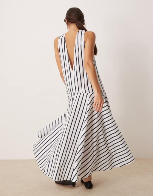 ASOS DESIGN sleeveless drop waist maxi dress in white blue stripe