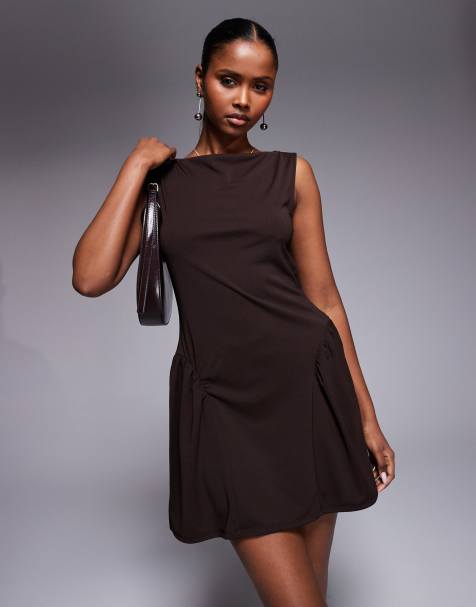 ASOS DESIGN sleeveless drop waist mini dress in chocolate - view 1