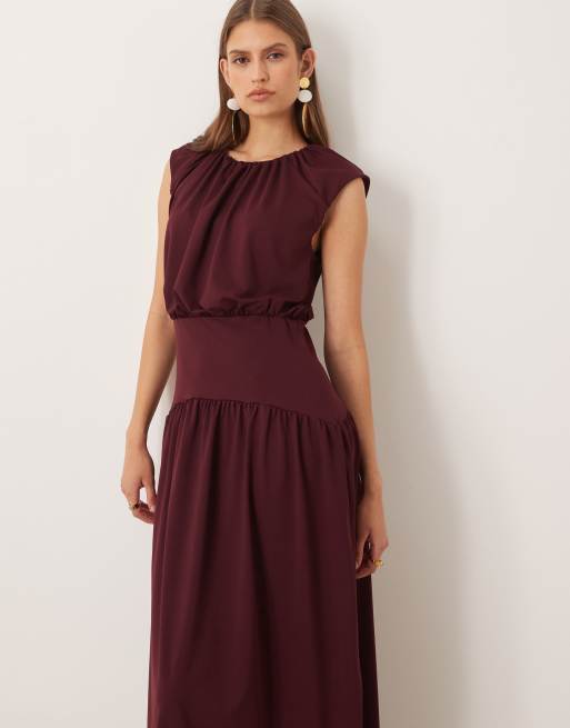 ASOS DESIGN sleeveless dropped waist detail puffball midi dress in wine