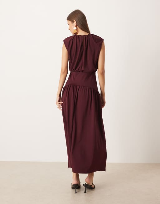 ASOS DESIGN sleeveless dropped waist detail puffball midi dress in wine