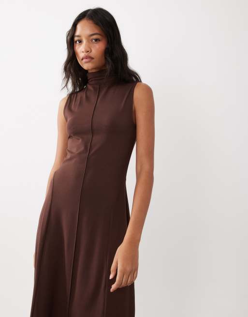 ASOS DESIGN sleeveless exposed seam midi dress in chocolate, 2 of 4